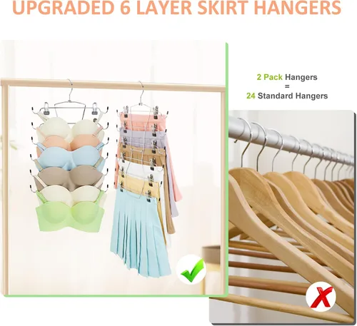 Miniatura 3 de Paquete de 2 perchas para pantalones de 6 niveles que ahorran espacio, perchas para faldas, organizadores de armario y almacenamiento con clips