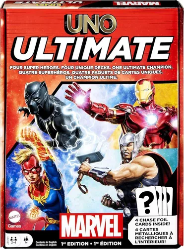 Mattel Games UNO Ultimate Marvel Juego de Cartas con 4 cartas coleccionables de papel metalizado, barajas temáticas de personajes y reglas