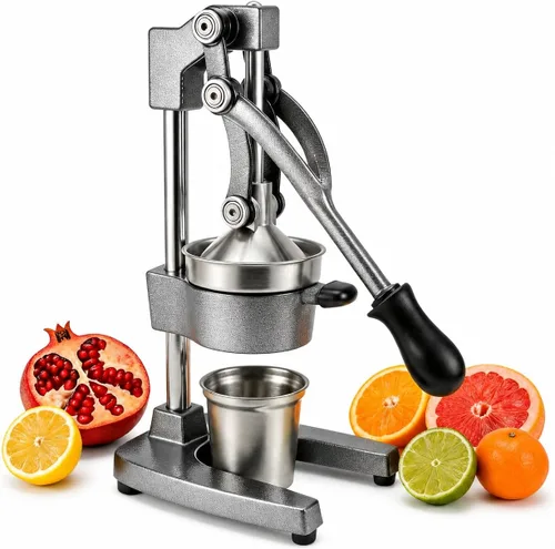 Exprimidor manual de cítricos de hierro fundido, exprimidor manual de naranja con taza y colador de acero inoxidable 304, prensa de granada de Gris