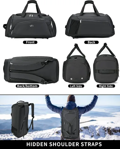 Miniatura 3 de Bolsa de gimnasio impermeable para hombres y mujeres, bolsa de lona convertible grande de 50 L, mochila y bolsa de hombro para viajes, fin