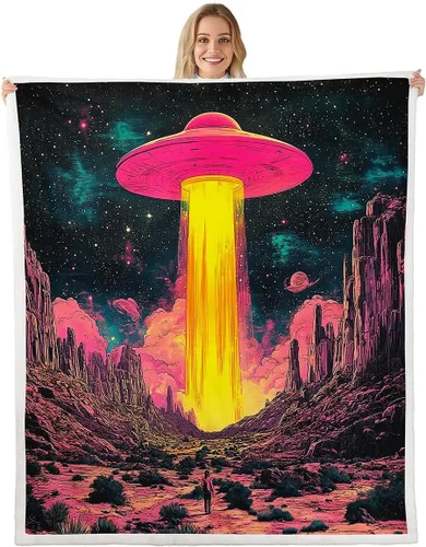 Miniatura 22 de Manta de franela de alienígena, misteriosa nave espacial estrellada con purpurina y planetas de cielo para decoración de habitaciones, manta