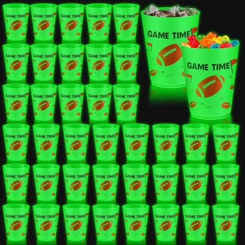 Miniatura 13 de 24 vasos de béisbol que brillan en la oscuridad, vasos de plástico esmerilados de 16 onzas, vaso verde reutilizable con patrones de estrellas