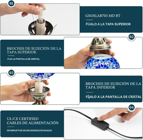 Miniatura 6 de Marrakech Lámpara de vidrieras marroquíes con estilo Tiffany, lámparas de mosaico turco hechas a mano con base de bronce, incluye bombilla LED
