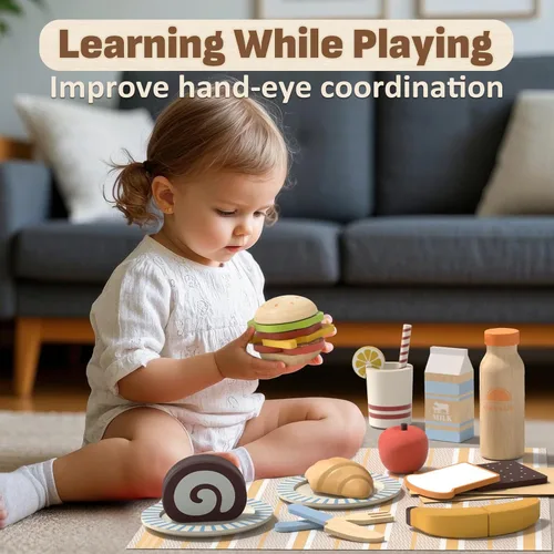 Miniatura 2 de Lehoo Castle Juego de comida de madera para jugar, comida de juguete para niños pequeños de 1 a 3 años, accesorios de cocina, juguetes de cortar