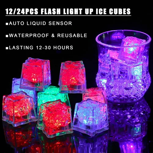 Miniatura 7 de ENUOLI Cubos de hielo iluminados para bebidas, 12 PCS Cubos de hielo de acrílico LED impermeables intermitentes multicolor brillantes reutilizables