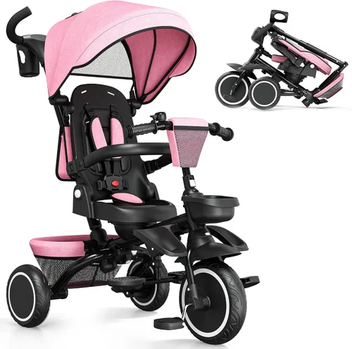 Miniatura 10 de TODEFULL - Triciclo plegable para niños, 8 en 1, triciclo para bebé con toldo extraíble y ajustable, mango para padres, arnés de seguridad de 5