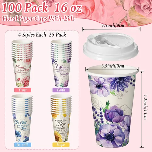Miniatura 2 de Dandat 100 tazas de café desechables cristianas con tapas, tazas de papel de 16 onzas con texto en inglés "Floral Tea Scripture" a granel
