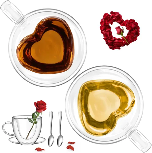 Taza de café expreso glastal de 5oz de vidrio de doble pared, tazas de café con mango, juego de 2 tazas con platillo en forma de corazón, tazas de