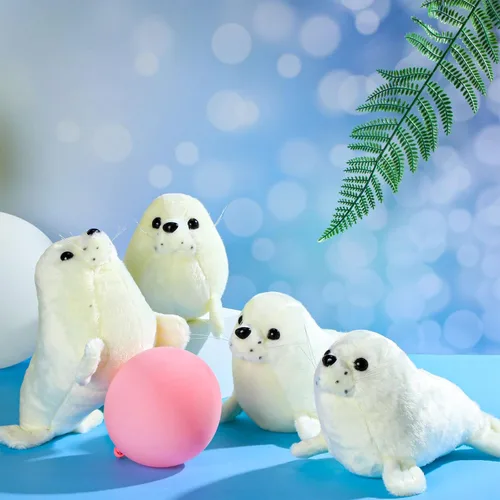 Sosation Juego de 4 piezas de animales de peluche con sello de peluche de foca gordita blanca, lindo sello de almohada de abrazo, juego de juguetes