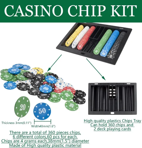 Miniatura 5 de Juego de Super Casino: 6 barajador de barajas+360 piezas de fichas+8 tarjetas de póquer+zapato de cartas+rastrillo de fichas+fieltro+accesorios