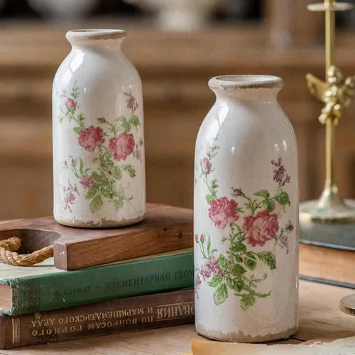 Juego de jarrón pequeño de cerámica vintage con diseño de flores y rosas, estilo retro, rústico, bonito jarrón de flora, decoración artística para