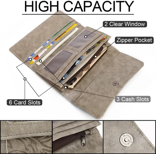 Miniatura 25 de MEITRUE Cartera de cuero para mujer, con bloqueo RFID, triple pliegue, con relieve, soporte para tarjetas, organizador de chequera para teléfono