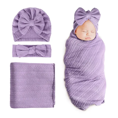 Miniatura 19 de DRESHOW BQUBO Manta de recepción para recién nacido, cálida para niñas con sombrero de lazo y diadema de lazo, regalo para baby shower 1 juego