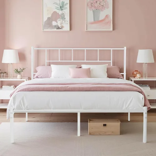 VECELO Marco de cama de plataforma de metal completo con cabecero, soporte de listones de acero resistente, almacenamiento debajo de la cama, no