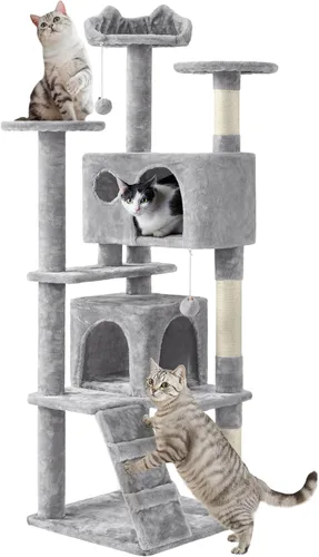 Yaheetech - Torre de árbol para gatos de 62 pulgadas, mueble para mascotas con doble refugio, postes para rascar, múltiples plataformas y pelotas