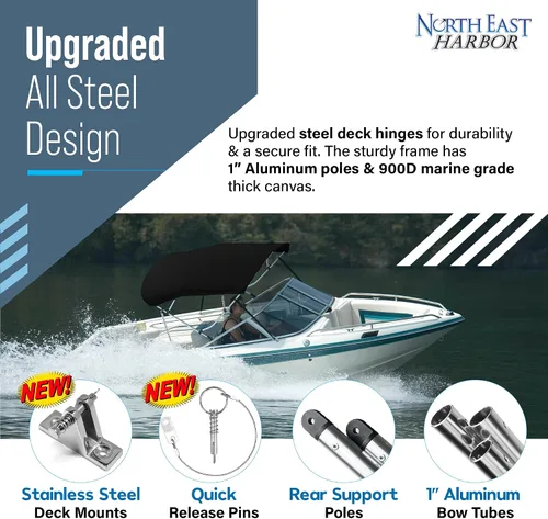 Miniatura 7 de Bimini Tops de 4 lazos para barcos, a prueba de decoloración, postes de soporte, botas de almacenamiento, lona marina 900D, toldo para barco, Negro