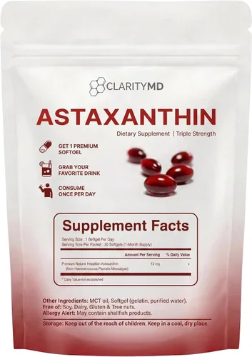 Miniatura 2 de Astaxantina Suplemento antioxidante de 12 mg – Fuente natural de microalgas – Softgel a base de lípidos para una mayor absorción – Apoyo cognitivo