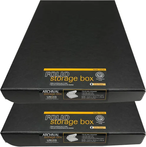 Miniatura 29 de Lineco 16x20 Caja de almacenamiento tipo folio negra con tapa, 1.75" de profundidad. Sin ácidos con borde de metal. Preserva la longevidad