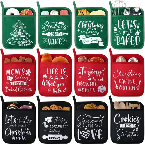 Layhit 12 soportes para ollas de Navidad con bolsillo, resistentes al calor, almohadillas calientes, bolsa de galletas de granja para cocina,