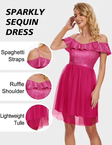 Miniatura 3 de Wedtrend Vestido de lentejuelas para mujer, vestido semiformal brillante con tirantes delgados, vestido corto de graduación con purpurina