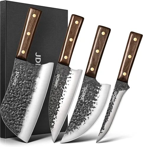 Juego de Cuchillos de Carnicero, 4 PIEZAS Cuchillo de Chef Serbio Forjado a Mano de Alta Resistencia, Cuchillo de Carne, Cuchillo de Deshuesado,