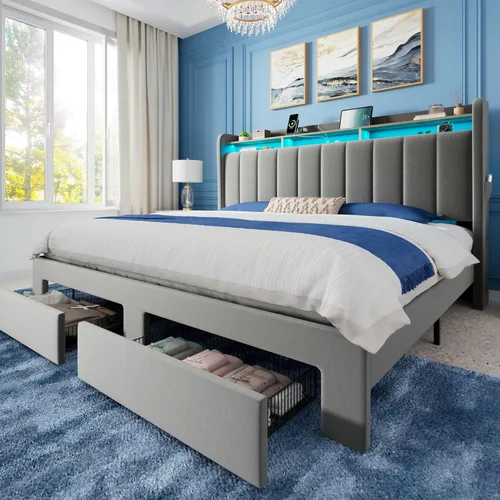Miniatura 14 de Allewie - Base de cama con plataforma de tamaño Queen, tapizada, con cabecero acolchado con botones verticales, 2 niveles de almacenamiento con Gris