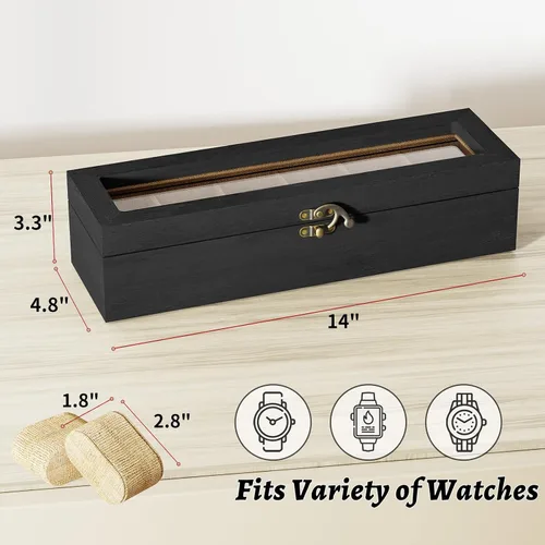 Miniatura 5 de SRIWATANA Caja de reloj organizadora de 6 ranuras para hombres y mujeres, exhibición de madera con tapa de vidrio, regalos para seres queridos