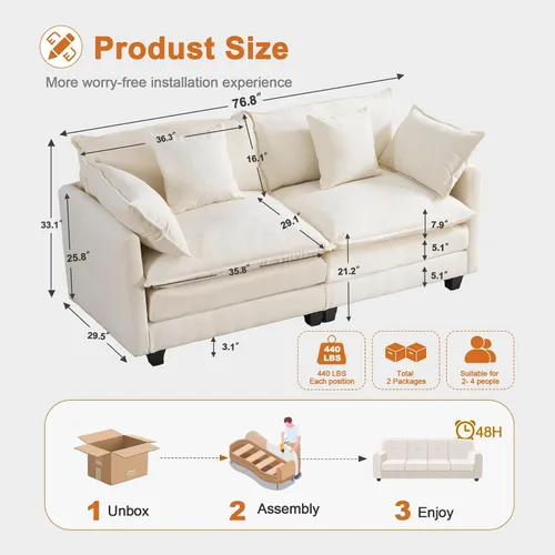 Miniatura 2 de Juego de sofá de felpilla Cloud de 77 pulgadas con almohadas, sofá biplaza de asiento profundo para apartamentos, ahorro de espacio de 2 plazas
