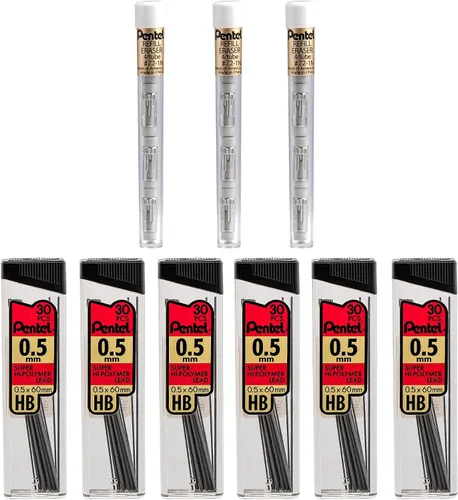 Miniatura 2 de Pentel Super Hi-Polymer HB - Paquete de recambio de plomo de 0.020 in, 6 paquetes de 30 minas y 3 paquetes de 4 borradores blancos sin látex