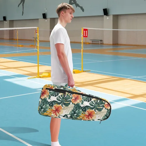 Miniatura 8 de Unisex Tennis Bag Lightweight Tropical Style Green Leaves Red Flower Zipper Tennis Bag Gym Bag for Women, Men, Teenagers raquetas de tenis