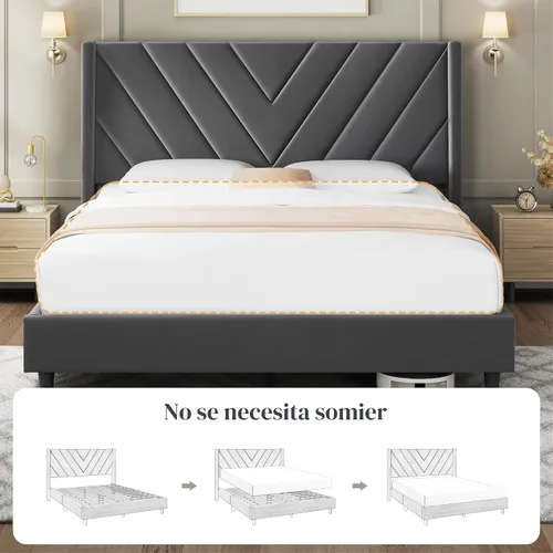 Miniatura 8 de Yaheetech Base de cama tamaño Queen con plataforma tapizada con lados en forma de ala/soporte de listones de madera/cabecera copetada con lado
