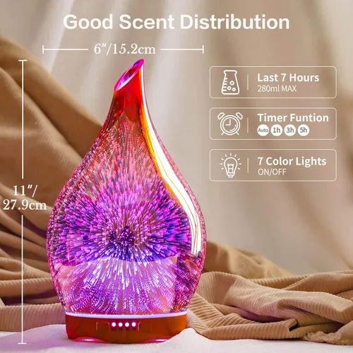 Miniatura 4 de Porseme Difusor de Aceite Esencial de 280ml, Difusor de Aroma 3D de Vidrio Soplado a Mano, Difusor Ultrasónico de Aromaterapia de Niebla Fresca