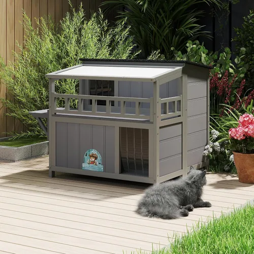 Miniatura 2 de Refugio para gatos de madera cálida de 2 niveles con techo de luz solar, casa para gatos al aire libre, balcón, plataformas de salto, recinto
