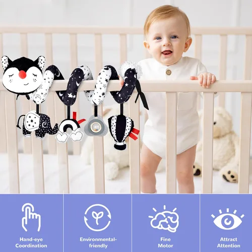 Miniatura 6 de XIXILAND Juguetes de Coche Musicales para Asiento de Bebé en Negro y Blanco, Juguetes para Bebés, Juguetes para Niños de 0 a 6 Meses, Juguetes