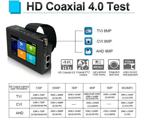 Miniatura 5 de EVERSECU Probador CCTV 5 en 1 compatible con cámara IP de hasta 4K y cámara analógica de 720P/1080P/3mp/4mp/5 megapíxeles AHD, TVI, CVI y CVBS