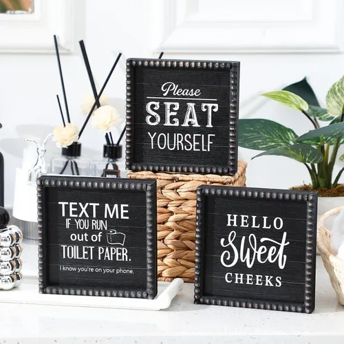 Miniatura 3 de Yousoontic 3 piezas divertidas de decoración de madera para baño, texto "Please Text Me If You Run out of the Toilet Paper Sign Seat Yourself Sign