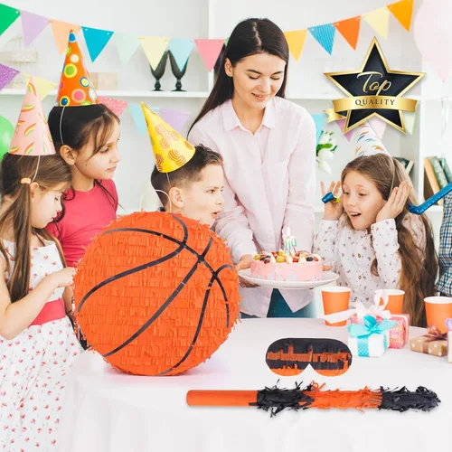 Miniatura 7 de Paquete de piñata de baloncesto de Birchio con venda y bate (13 x 13 x 4 Pulgadas), piñata de balón de fútbol para fiesta de cumpleaños de niños