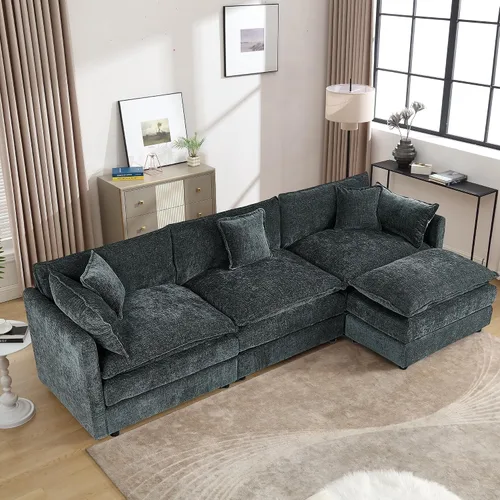 Miniatura 21 de Setawix Sofá Profundo de 3 Plazas con Otomana, Sofás de Nube en Forma de L de 112.2" para Sala de Estar, Sofá de Nube de Chenilla con Asiento Café