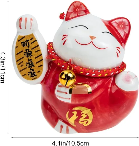 Miniatura 8 de Tofficu Adorable banco de monedas de cerámica roja de gato de la suerte, decoración de Feng Shui, bonita decoración de habitación, gato chino