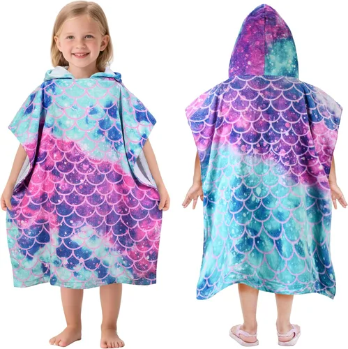 Miniatura 9 de Tirrinia Toalla de poncho de sirena para niños, toallas con capucha para niñas de 2 a 7 años, regalo de 24 x 52 pulgadas, 100% algodón