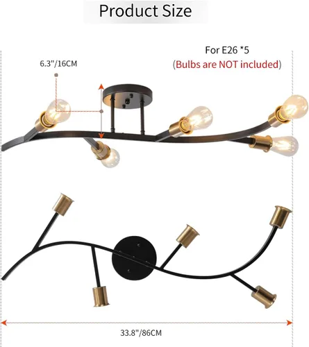 Miniatura 2 de Lámpara de Techo Sputnik Moderna de Montaje Semiempotrado, Color Negro y Dorado, 5 Luces Candelabro Sputnik de Mediados de Siglo para Comedor, 5