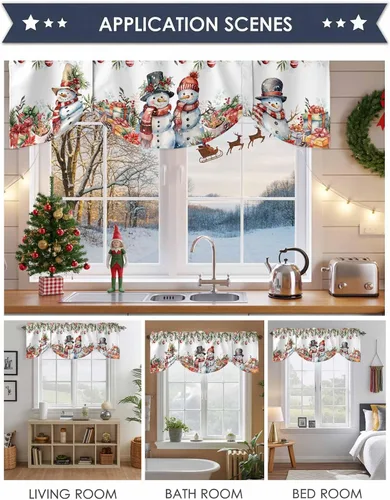 Miniatura 6 de Cenefa de amarre de muñeco de nieve de dibujos animados para ventanas de cocina, bolas de Navidad, ramas de hojas, cenefas de cortina de 42 x 12
