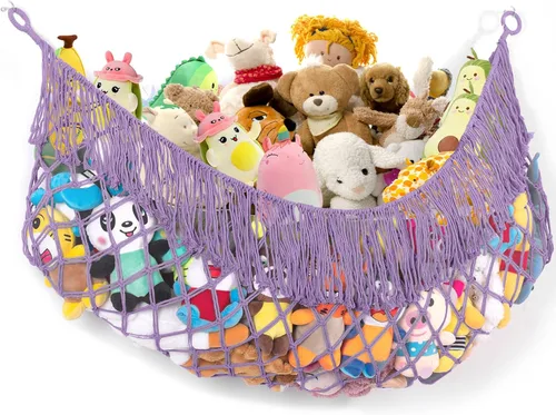 Hamaca extra grande de red para animales de peluche – [56 pulgadas de largo/macramé tejido a mano/lavanda] Hamaca de almacenamiento para pared