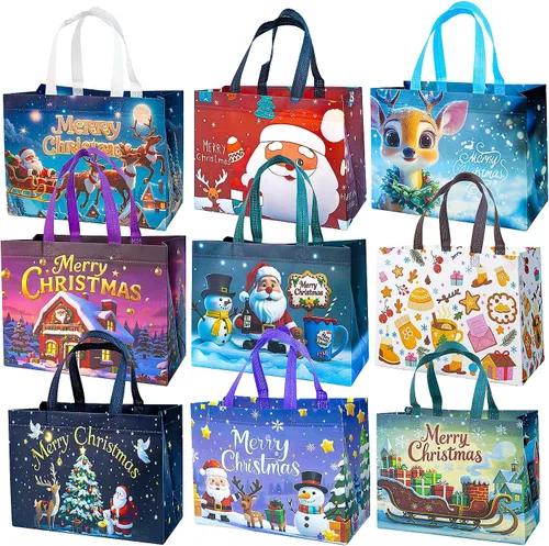 Miniatura 10 de 9 Bolsas de Regalo de Navidad, Bolsas Tote de Navidad con Asas, Bolsas de Compras Reutilizables No Tejidas para Envolver Regalos de Navidad, 9PCS