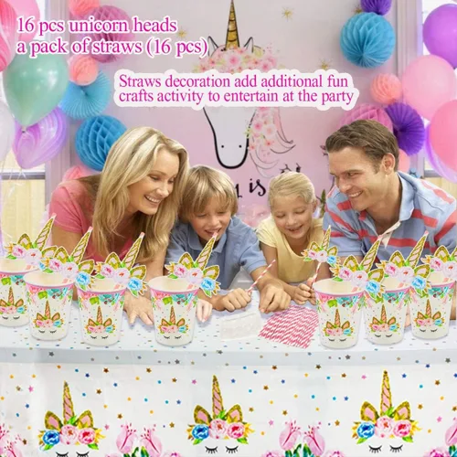 Miniatura 4 de Suministros de fiesta de cumpleaños para niñas, incluyendo platos, tazas, pajitas, mantel para fiesta de cumpleaños rosa, sirve a 16 invitados