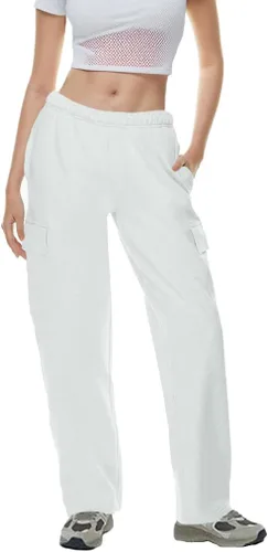 QIBABU Pantalones deportivos tipo cargo de forro polar para mujer, estilo casual, holgados, pierna ancha, pantalones deportivos con parte inferior