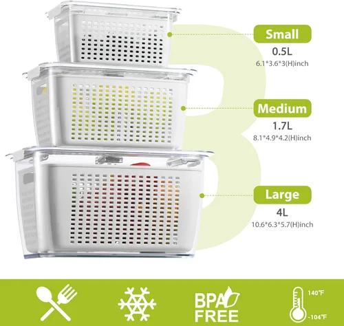 Miniatura 2 de LUXEAR Recipiente fresco, paquete de 3 recipientes para guardar productos, sin BPA, organizador de refrigerador para verduras, frutas y ensaladas