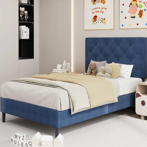 Miniatura 3 de BarnFurin Marcos de cama individual con cabecera capitoné con botones, cama de plataforma tapizada de lino con soporte de listones de madera, fácil