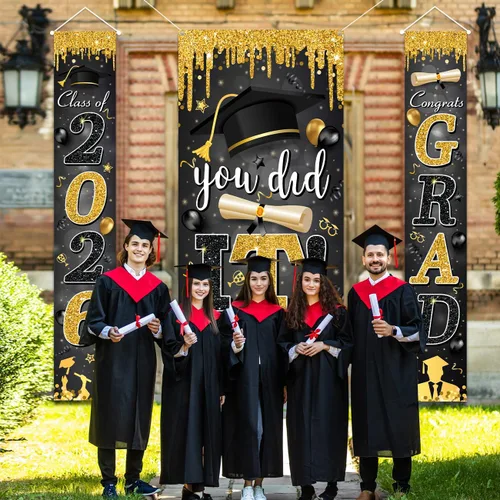 Miniatura 3 de Decoraciones de graduación negras y doradas para la clase de 2026 con texto en inglés "Congrats Grad and You Did It" para suministros de fiesta