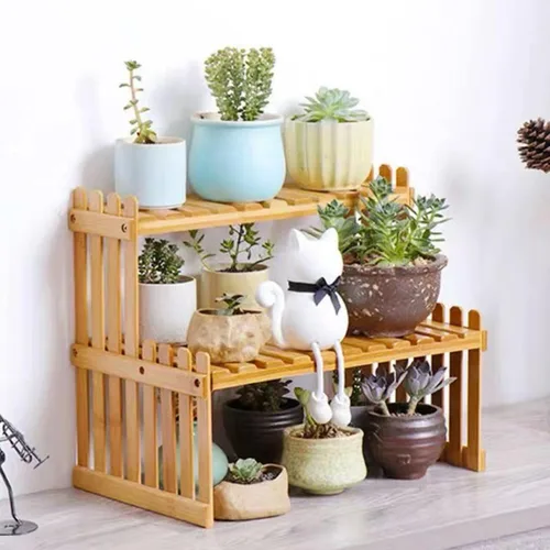 Miniatura 4 de Estante de plantas de bambú de 2 niveles de 14.6"/10.8"/18.5"/22.8", soporte para macetas de flores de escritorio, estante de escritorio ajustable